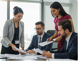 A team collaborating over business documents